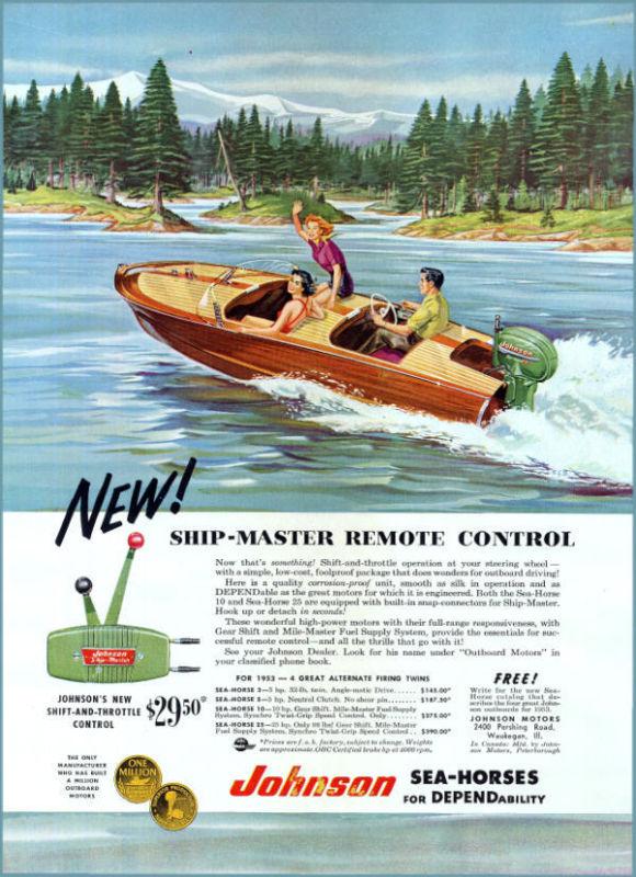1953 johnson sea-horse 25 hp outboard motor and ship-master remote control ad