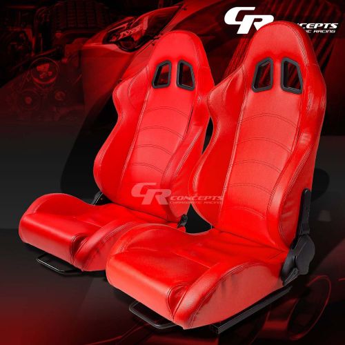 Red pvc leather reclinable sports racing seats+mounting slider rails left+right