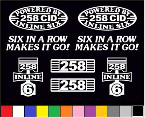 8 decal set 258 cid inline 6 engine 4.2 straight six emblem i6 vinyl stickers
