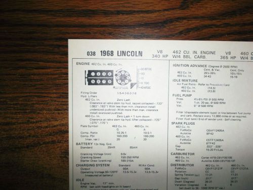 1968 lincoln eight series models 462 v8 tune up chart