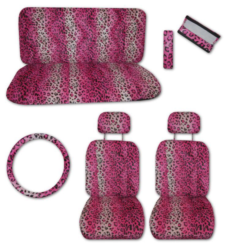 Pink black leopard quilted velour car truck seat covers set with extras #c
