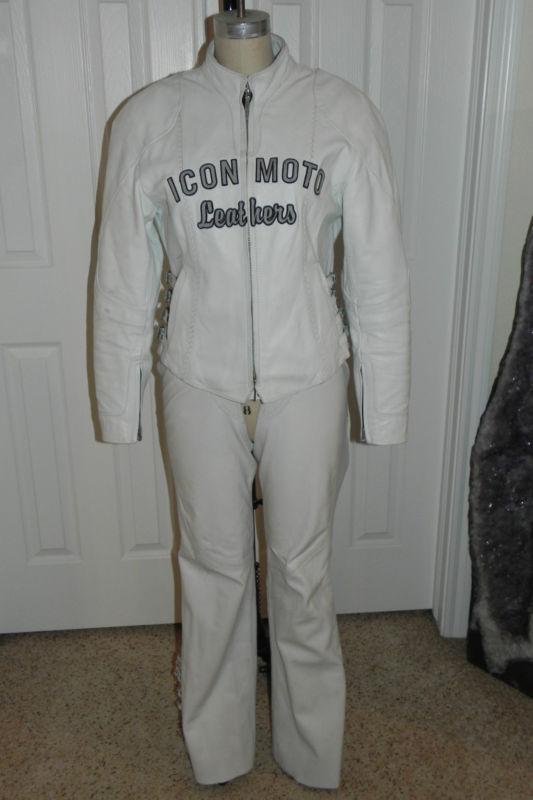 Icon moto women's sz. medium leather motorcycle riding jacket & chaps in white 