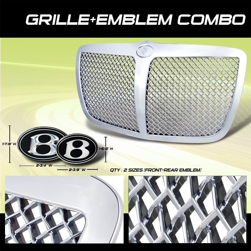 2005-2010 chrysler 300 300c chrome vertical style grille w front+back emblems