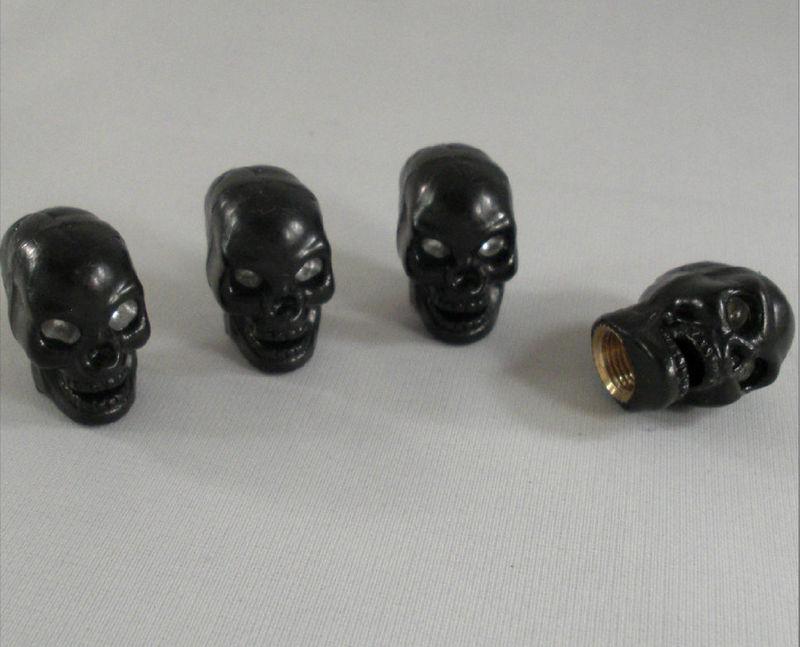 4 custom "black skull" valve stem caps for car truck hot rat rod hotrod ratrod 