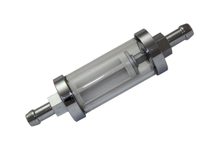 Universal 3/8" in & out chrome & glass fuel filter hot rod rat rod  v-8 v-6