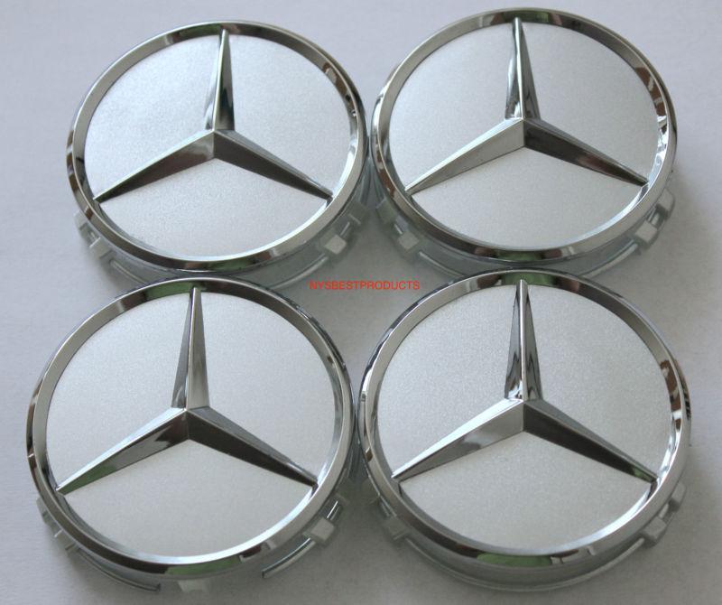 Mercedes silver & chrome star logo center caps - brand new - 4pcs - 75mm