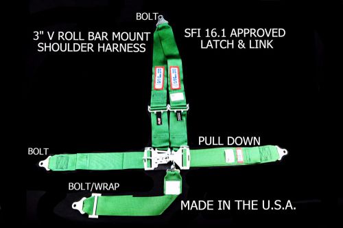 Rjs racing sfi 16.1 latch &amp; link 5 pt harness v roll bar mount green 1126209