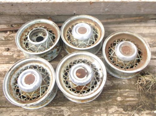 Set of 5 cadillac wire spoke wheels with 4 center caps rat rod or restore 15&#034;