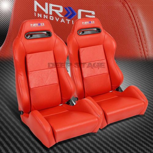 Nrg red 100% real leather sports style racing seats+mounting slider rails set