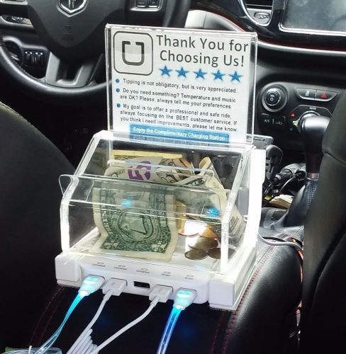 Uber lyft tip box 5 usb port rapid charging station +4 cables white