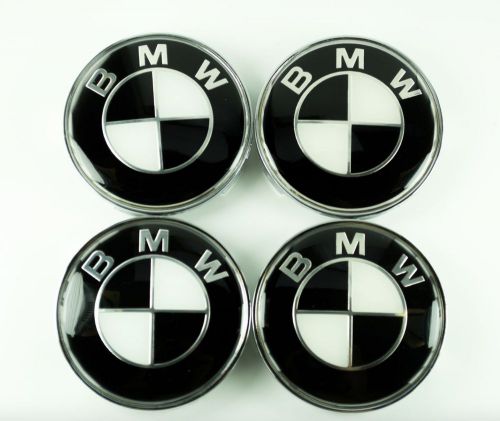 4x black &amp; white wheel centre caps 68mm fits: bmw 1 3 5 7 z3 z4 x3 series m3 m5