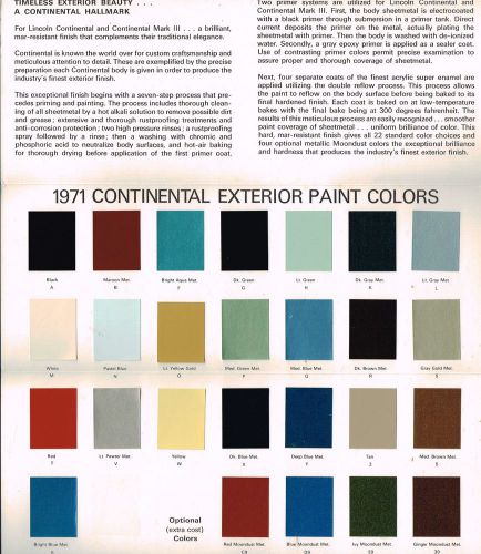 1971 lincoln issued color chip chart paint brochure : continental,mark mk. 3 iii