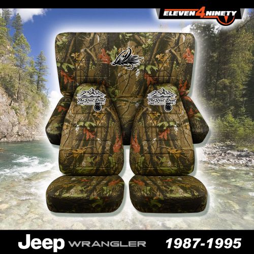 1987-1995 jeep wrangler yj tree camo seat covers w/ custom fly fishing design