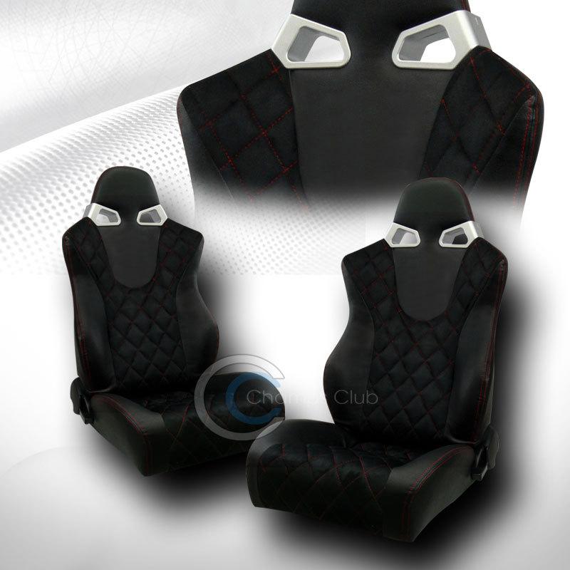 Universal checkers black suede red stitch racing bucket seat+slider jdm vehicle