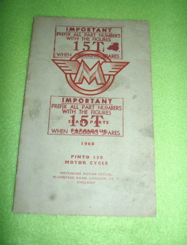 1960 vintage genuine matchless pinto 150 motor cycle spare parts list/manual old