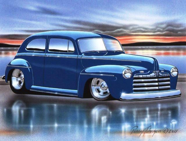 1946 ford tudor sedan streetrod car automotive art print blue
