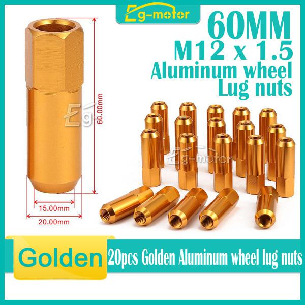 20x gold 60mm 7075 billet aluminum extended tuner lug nuts lugs wheels/rims