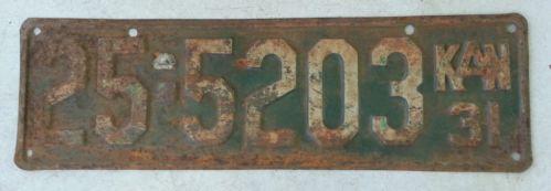 1931 vintage antique kansas single license plate 25-5203