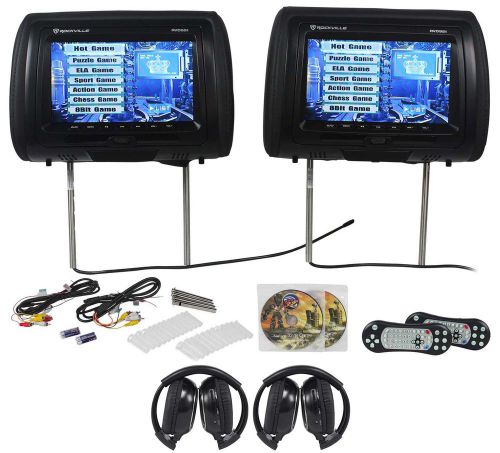 Rockville rvd951-bk 9” black dual dvd/hdmi car headrest monitors+2 headphones