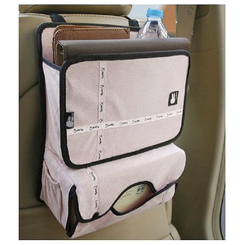 Car back seat headrest organizer multi-pocket storage bag bunny pink