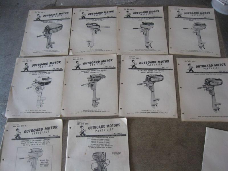 10 hiawatha outboard motor manual/parts book lot and a poster too! 47,48, 1950