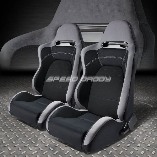 2x fully reclinable gray/black cloth type-r style bucket racing seat+slider rail