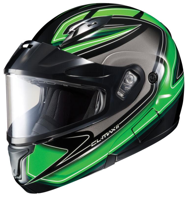 Hjc cl-max ii zader snowmobile dual lens shield helmet black green white xlarge