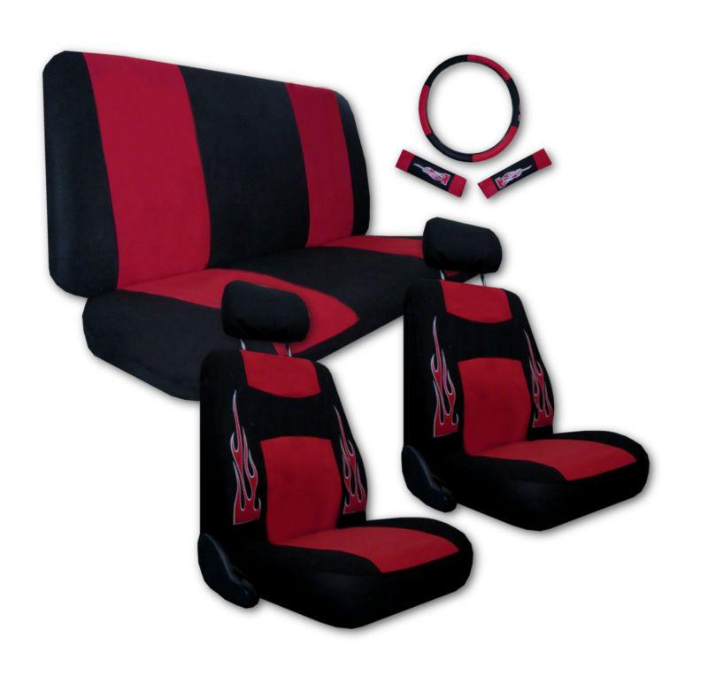 Synthetic leather red black flame sport racing car seat covers 9pc pkg #g