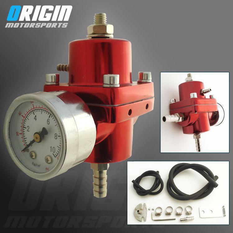 Universal aluminum adjustable fuel pressure regulator gauge w/ hose kit - red