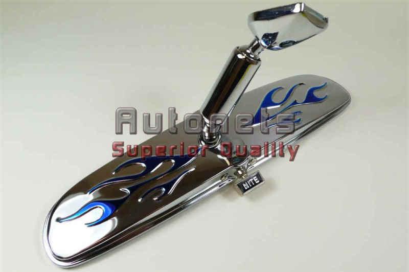 Chrome interior rear view mirror blue flames hot rod universal fit