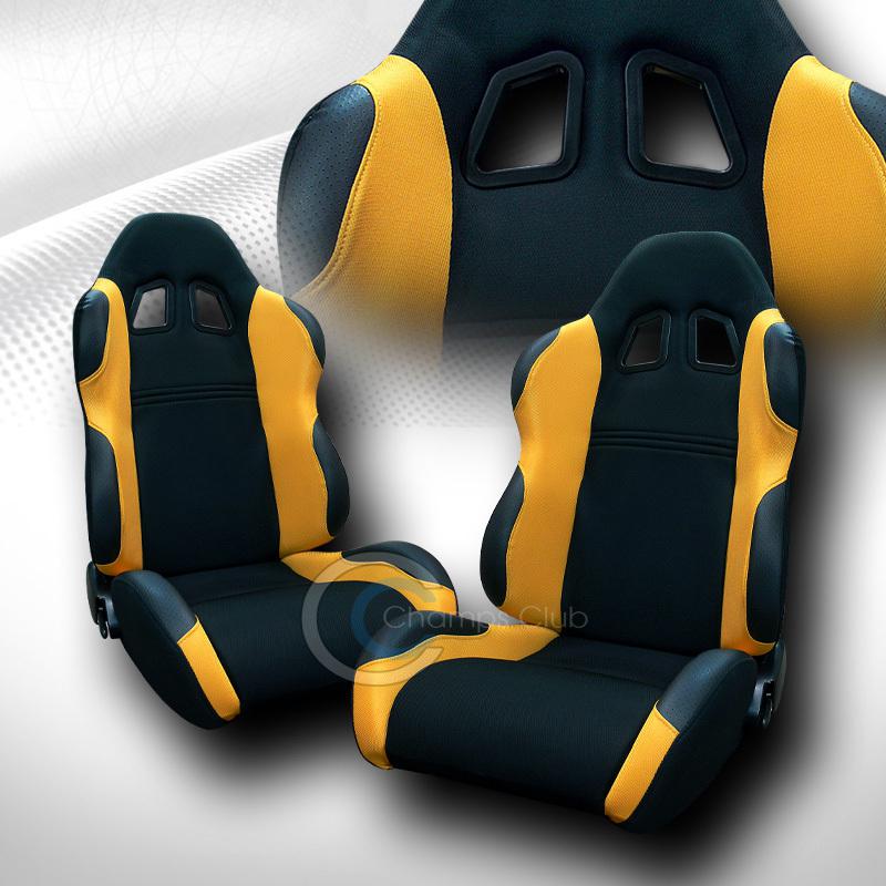 Universal jdm-ts blk/yellow cloth car racing bucket seat+sliders pair acura audi