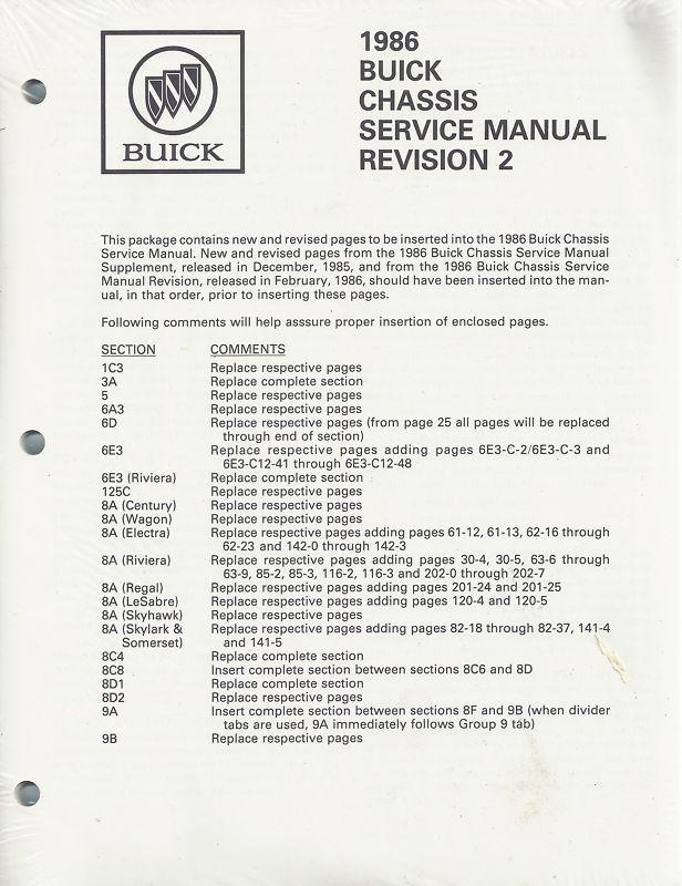 1986 buick chassis service manual revision 2 revised & update sheets original