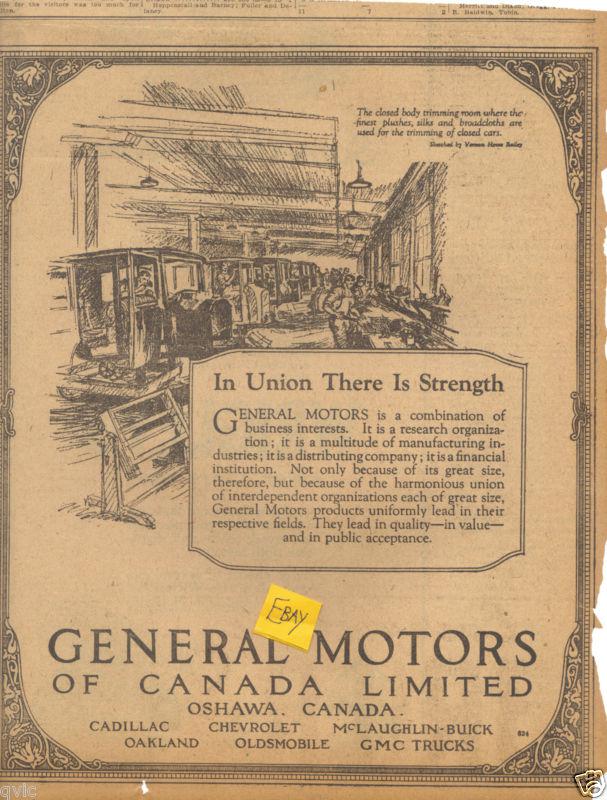 Advert 1923 inside gm ,closed body trimming room.in union there is strength