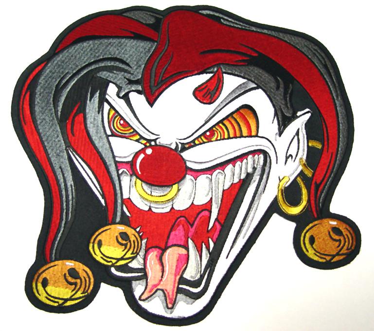 Evil horned jester face motorcycle vest back patch 
