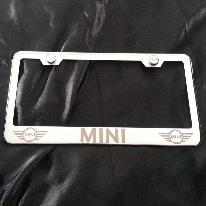 Mini cooper chrome stainless steel license plate frame + screws laser engrave