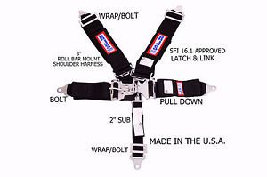 Rjs racing sfi 16.1 5pt latch &amp; link harness belt roll bar mount black 1127801