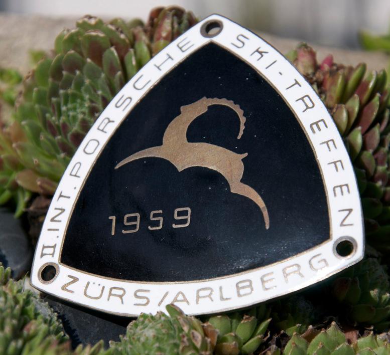 Vintage enamel automobile car badge # int. porsche ski meeting zÜrs/arlberg 1959