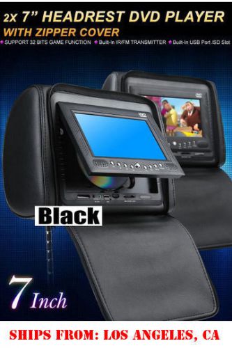 7&#034; black headrest dvd player lcd monitor zipper cover usb sd games speaker x2