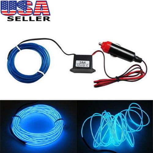 10ft flexible blue el neon glow lighting strip + charger for car interiror deco