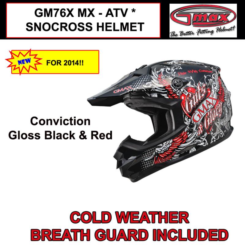 Gmax gm76x 2014 mx atv snocross helmet conviction black/red (s,m,l,xl,2x,3x) nib