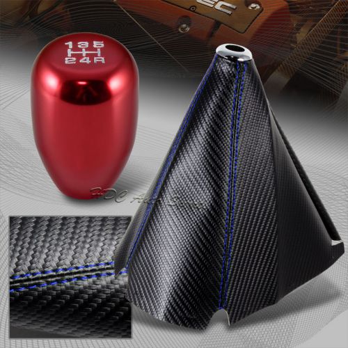 Jdm carbon style blue stitch manual shift boot + t-r red 5-speed shifter knob 2