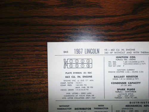 1967 lincoln series models 462 ci v8 4bbl sun tune up chart excellent condition!