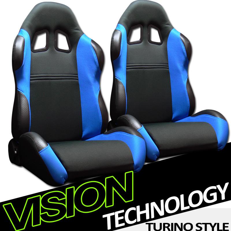 2x universal lh+rh black/blue fabric & pvc leather racing seats+sliders pair 19