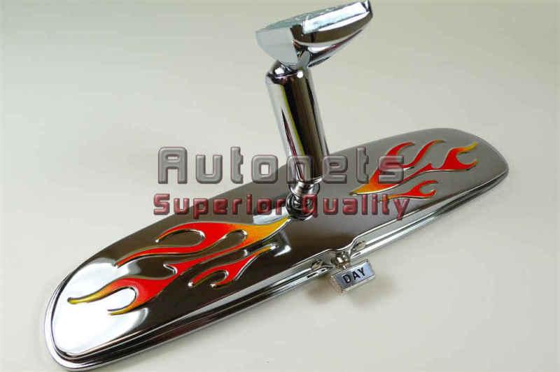 Chrome steel interior rear view mirror red flame hot rat rod universal fit