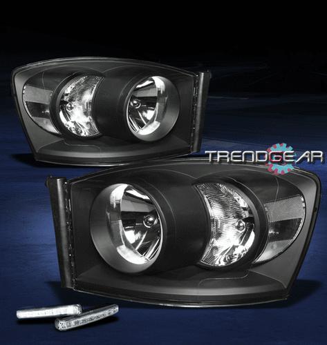 06-08 dodge ram 1500 2500 3500 pickup black crystal head lights w/drl led signal