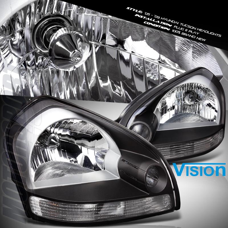 Fit 05-09 hyundai tucson gray bezel headlights lamp clear reflector assembly l+r