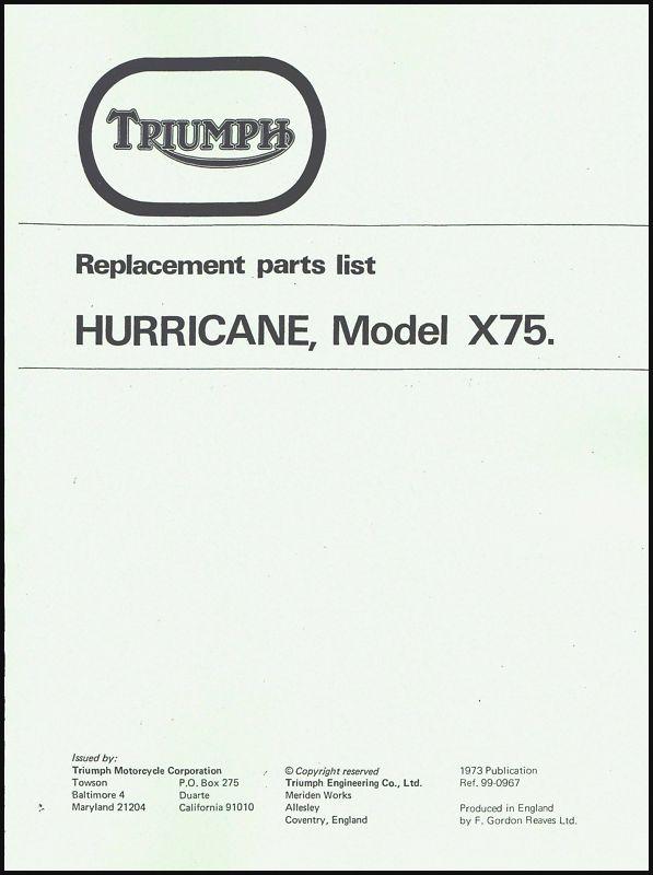 1973 triumph x75 vetter hurricane parts book pn# 99-0967