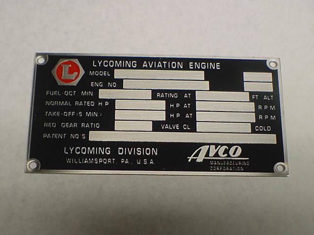 Lycoming avco aircraft engine data plate etched in stainless steel