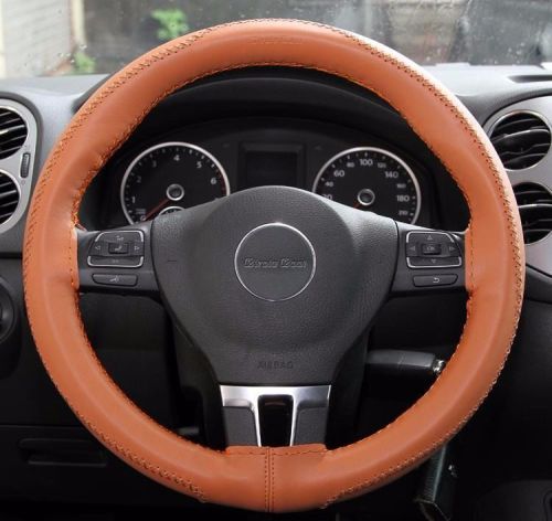 Brown thread needle steering wheel wrap pvc leather stitch style m size 438_1