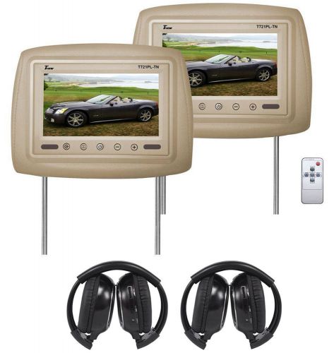 Pair of tview t721pl 7&#034; beige/tan car headrest monitors + 2 wireless headsets